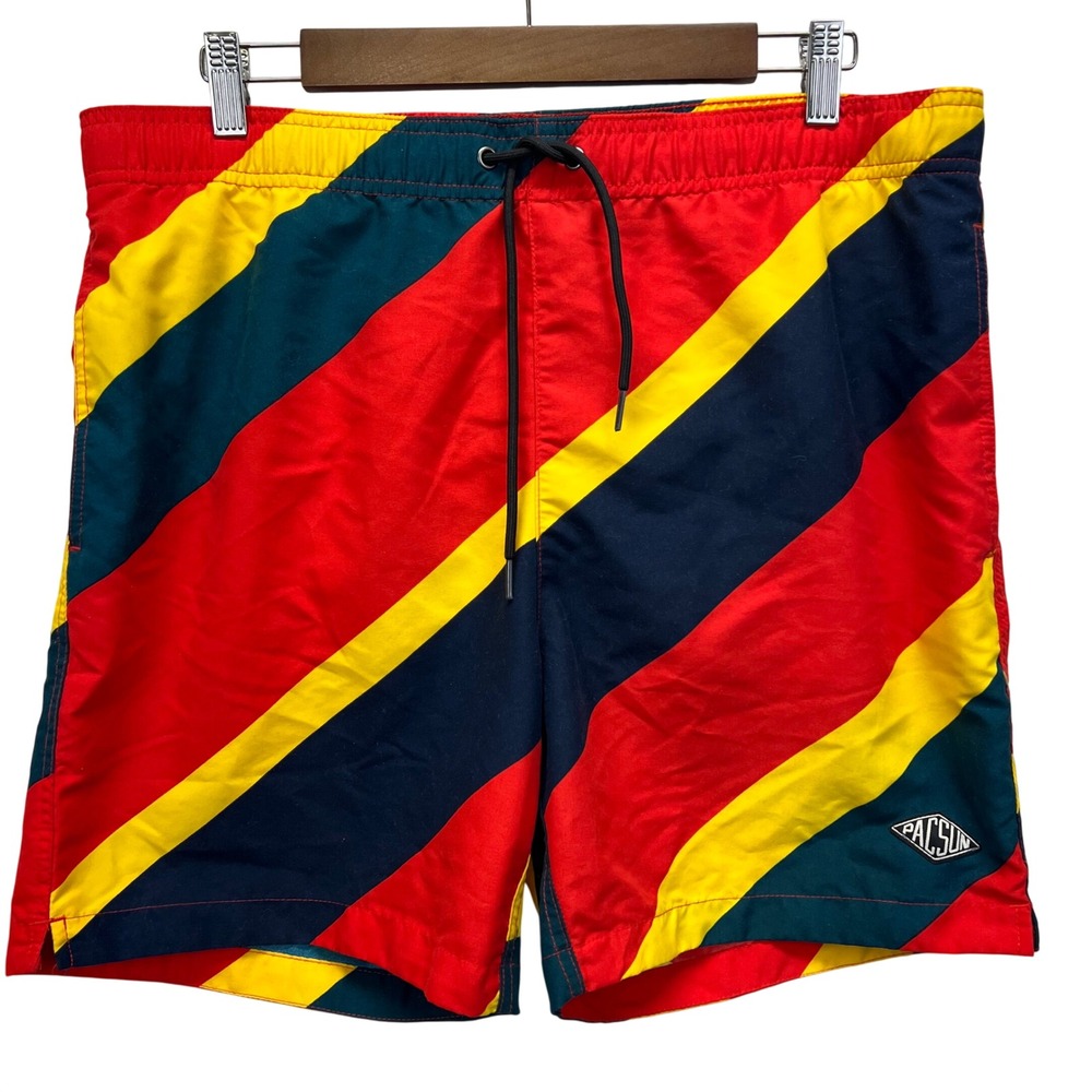 PacSun Swim Trunks Mens Large Red‎ Yellow Navy Diagonal Striped Board Shorts